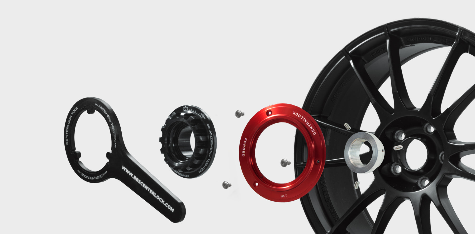 Exploded view of MG-line Centerlock Look Kit parts on an aftermarket wheel