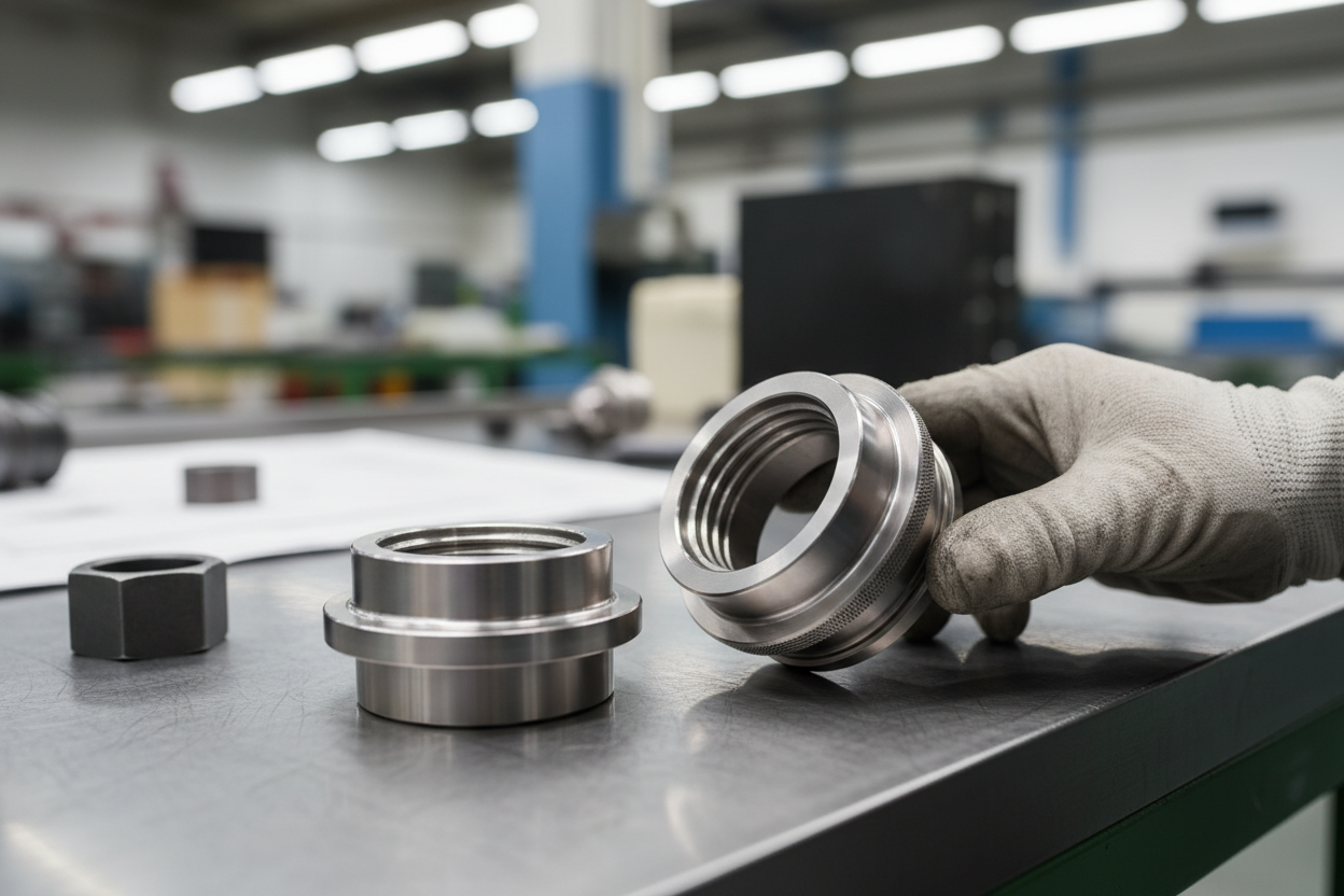 Zdjęcie w stonowanych kolorach z elementami centerlock i hex nut w wykończeniu CNC na stole produkcyjnym ze zbliżeniem w jasnych kolorach z dłonią człowieka.